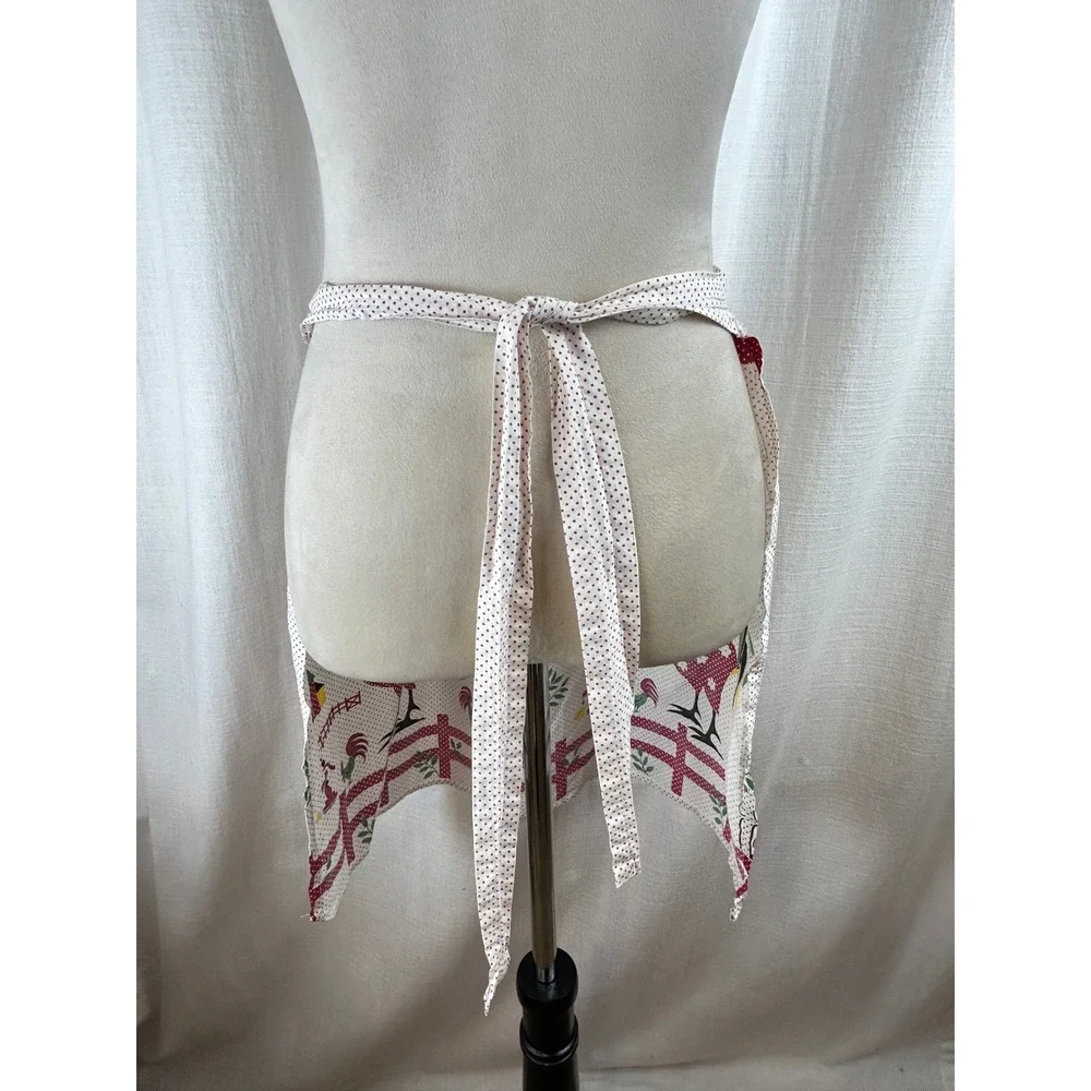Vintage Rooster Farm Novelty Print Half Apron Red Polka Dot Country Kitchen